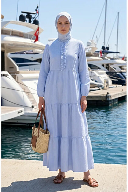 Gestreiftes Popeline-Kleid mit Rüschendetails und Hijab 2190-03 Blau
