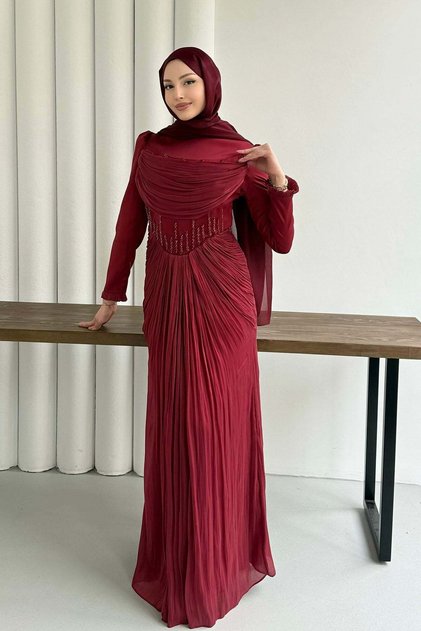 Taş İşlemeli Korse Detaylı Tesettür Abiye-BORDO
