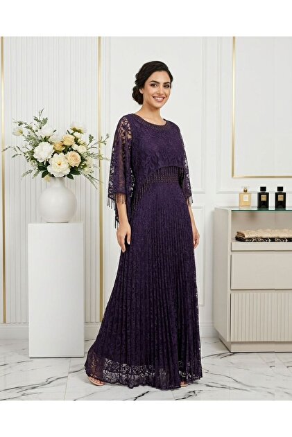 Lilac Lace Dress with Unique Embroidery, Ruched Waist, and Shiny Fringe.