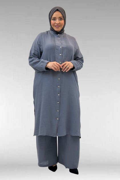 67023 Plus Size Muslin Trouser Suit with Pleated Front Detail - Anthracite