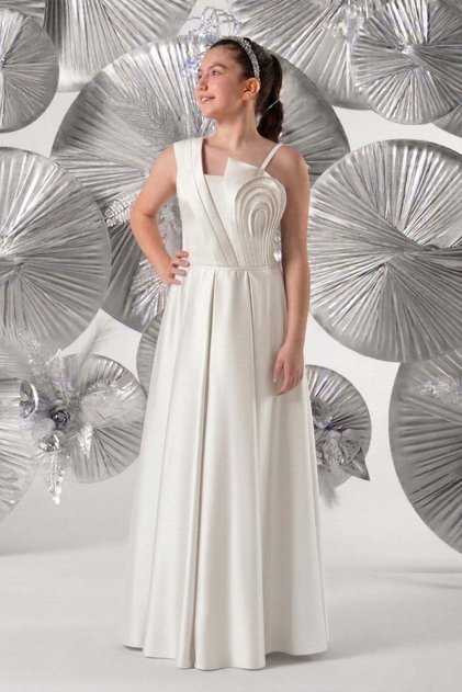 Mojo girls' 10-15 year old curved detail long satin evening dress ecru