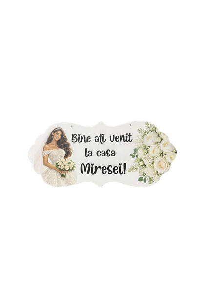 Plăcuță Decorativă Nuntă "Casa Miresei", MDF, Design Flori Albe, 67x31 cm