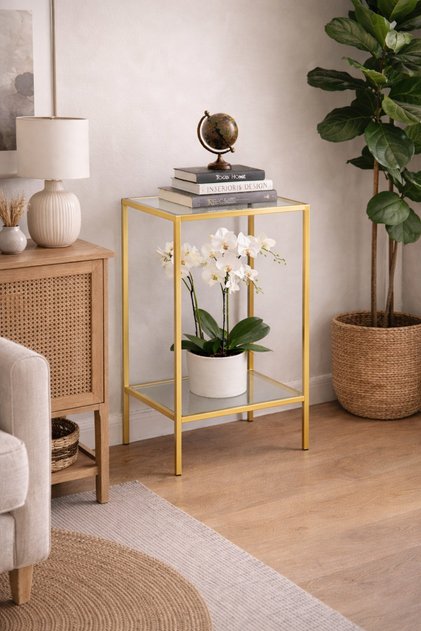 Vetra Metal Yan Sehpa Gold Şeffaf Cam 2 Katlı Cam Raflı Modern Dekoratif Saksı Standı 40x30 cm