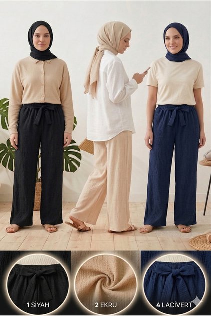 Women's Black Ecru Navy Blue 3-Pack Seersucker Elastic Casual Wide Leg Pants Set