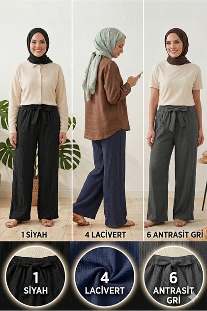 Women's Black Navy Blue Anthracite Gray 3-Pack Seersucker Elasticized Casual Wide Leg Pants Set
