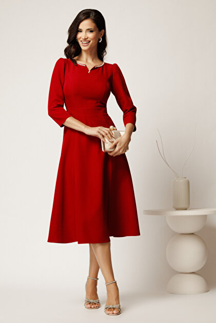 DyFashion DY Fashion red midi dress in cloisonn with pearls at the  neckline- Trendyol