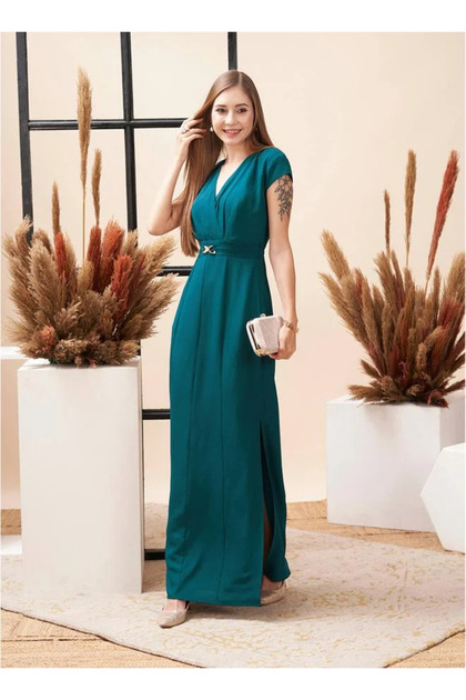 Mish Mish Wrap Front Maxi Dress with Side Split and Buckle Accent- Trendyol Mish Mish Wrap Front Maxi Dress with Side Split and Buckle Accent- Trendyol