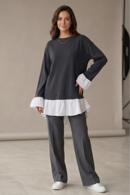 Women's Modal Pleated Undershirt-Looking Tunic with Shirt Detail Anthracite