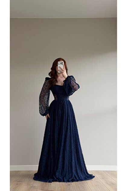 AYENUR DNER Romance lace evening dress navy blue- Trendyol
