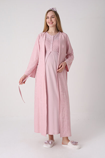 Maternity Nightgown Set - Lace Embroidered Cotton Maternity Nightgown and Dressing Gown 2-Piece Set