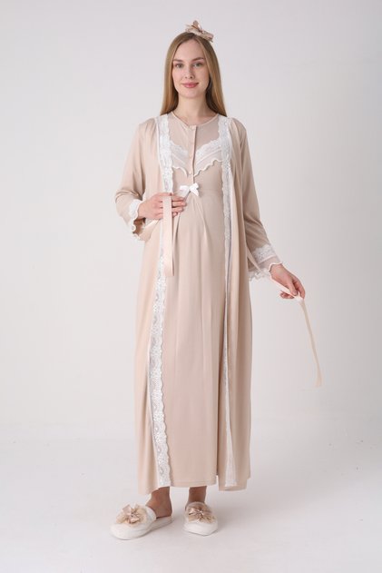 Maternity Nightgown Set - Maternity Nightgown with Lace Guipure Detail, 2-Piece Set