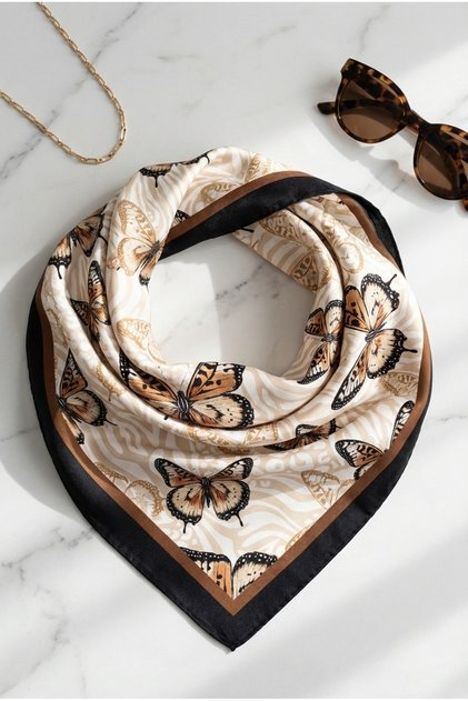 Twill Scarf Butterfly Patterned Beige Brown 50X50 cm Women's Scarf