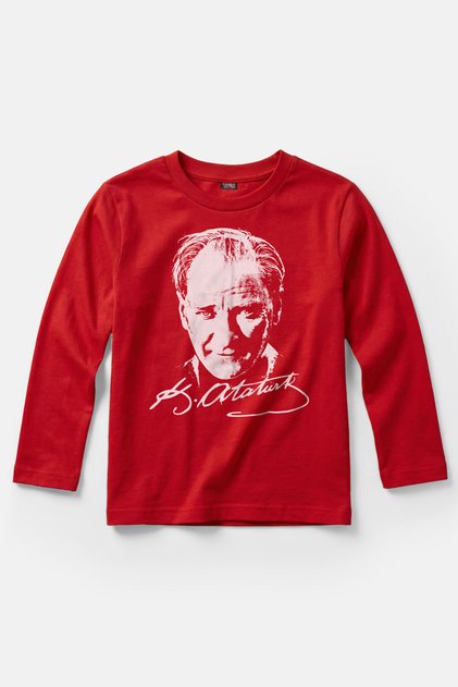 Mustafa Kemal Atatürk Printed April 23 Long Sleeve Red Children's T-Shirt
