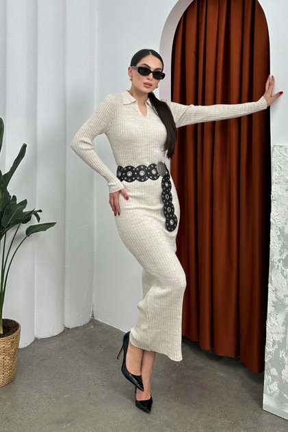 Women's Dress Long Knitwear Polo Collar Ribbed Lycra Slim Fit Pencil Dress