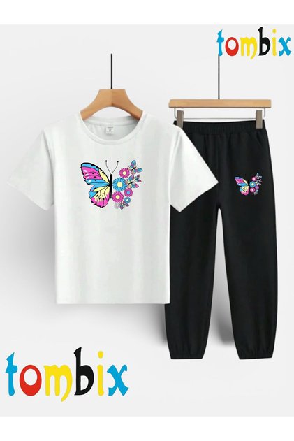 Uygunmoda Daisy Butterfly Printed T-Shirt Sweatpants (Bottom Sweatpants with Pockets) Top-Bottom Children's Set