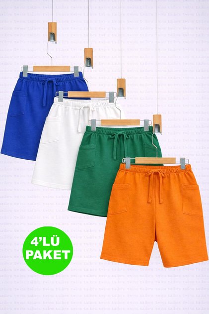 Combed Cotton Green-White-Sax Blue-Orange 4-Pack Unisex Cotton Children's Short Shorts