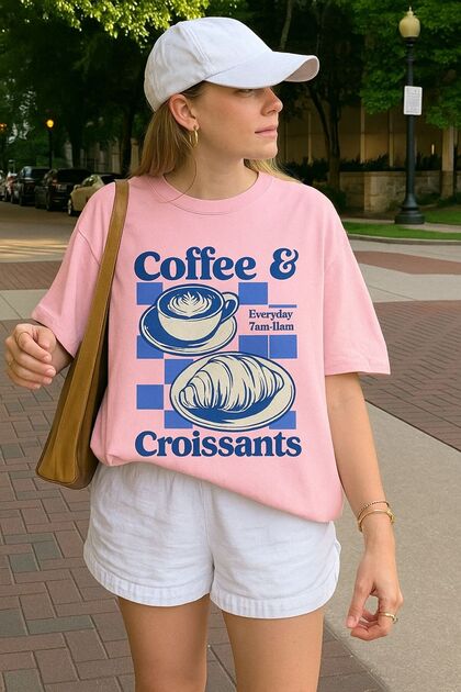 Coffee Croissants Printed T-Shirt Oversized Unisex T-Shirt 1Pv6