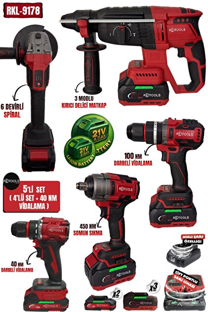RETOOLS RKL-9178 5'li Profesyonel Akülü El Aletleri Seti – 21V Li