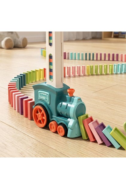 ® Tren automat de domino, 120 domino multicolore, Plastic, Albastru, 25.4 x 7.8 x 13 cm
