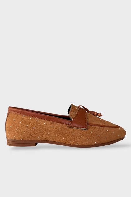 Stoned Tassel Wooden Detail Stylish Casual Women's Flat Shoes Taba