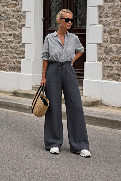 Women's High Waist Wide Leg Comfortable Fit Muslin Trousers