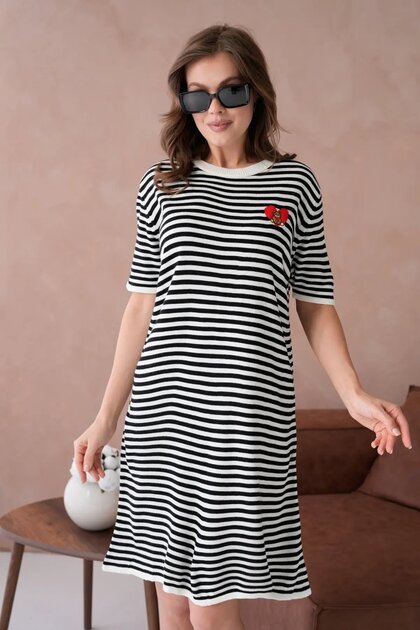 10173 Women's Crew Neck Embroidery Detail Striped Knitwear Dress