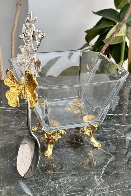 Karen Cam Gold Deep Bowl Pasta & Fruit Footed Presentation Bowl (Butterfly Spoon)