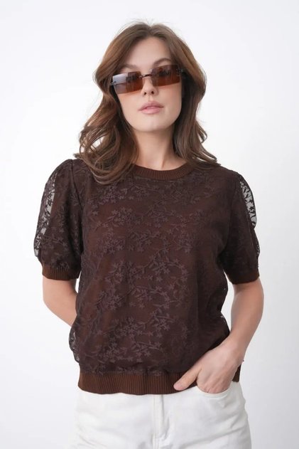 12058 Women's Crew Neck Floral Tulle Detailed Knitwear Blouse