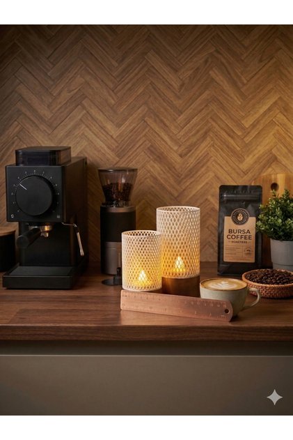 2'li Modern Kafes Tasarımlı Led Talight Kahve Köşesi Şamdan Mumluk Modern Masaüstü & Ambiyans Işığı