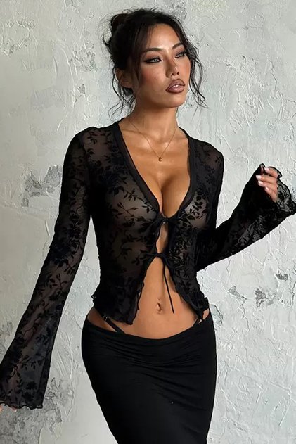 Büstiyer Bluz Şifon Gömlek Dantel Transparan Üst Ceket Gotik Retro