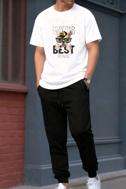 Best men printed t-shirt - jogger t-shirt crew neck bottom top tracksuit set