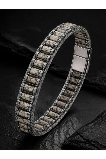 Men's Steel Bracelet with Natural Howlite Stone, Stainless 316 L Premium Bracelet with Special Magnetic Lock