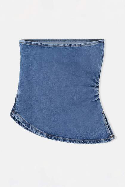 Trendyolmilla Mavi Straplez Asimetrik Denim Bluz TWOSS26BZ00657