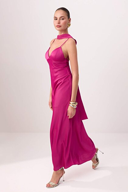 Trendyol Collection Fuchsia Plain Scarf Woven Satin Maxi Lined Stylish/Evening  Dress- Trendyol