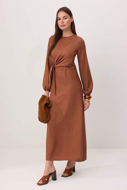 Trendyol Modest Light Brown Linen Look Woven Dress Tctss25Eb00129- Trendyol
