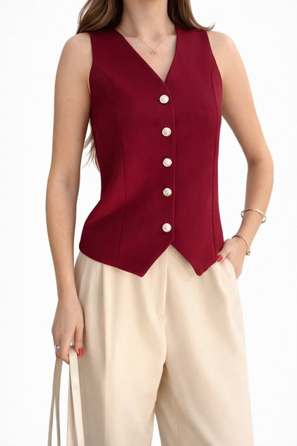 Atlas Fabric Burgundy Silver Buttoned Women's Vest