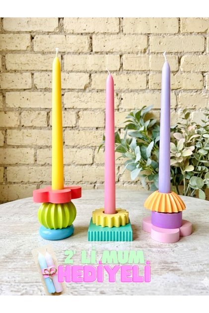 8' li Puzzle Şamdan - 2’ li Mum Hediyeli El Yapımı Çok Renkli Şamdan Seti - Dekoratif Katkat Mumluk