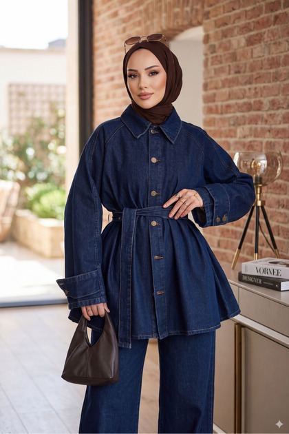 Apoletli Premium Denim Jacket Set Navy Blue