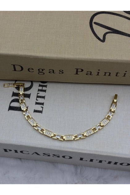 14K Gold Renk Dikdörtgen Detay Zirkon Taşlı Bileklik CM64