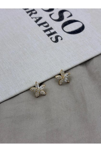 Gold Renk Beş Yapraklı Çiçek Model Zirkon Taşlı Küpe CM76