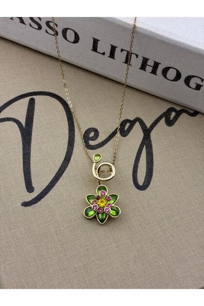 Steel Gold Green Zircon Stone Colorful Flower Model Necklace