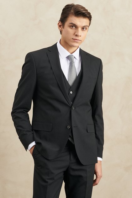 Ανδρικό μαύρο slim fit νανο κοστούμι με μονό γιακά, μάλλινο γιλέκο, αδιάβροχο και ανθεκτικό στους λεκέδες