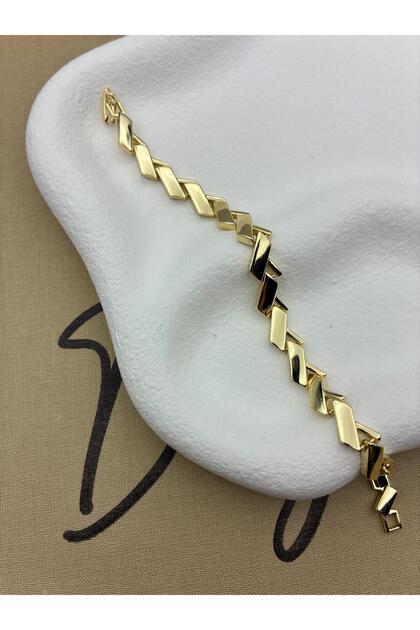 14K Gold Renk Zikzak Akışlı Dikdörtgen Plaka Basıc Bileklik CM41