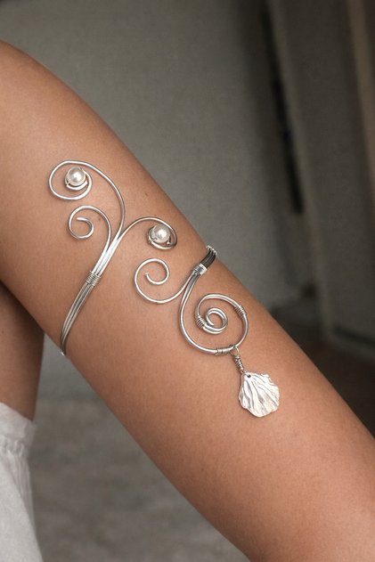 İncili Deniz Kabuğu Boncuklu Ayarlanabilir Kol Pazu Bilekliği Armcuff Arm cuff
