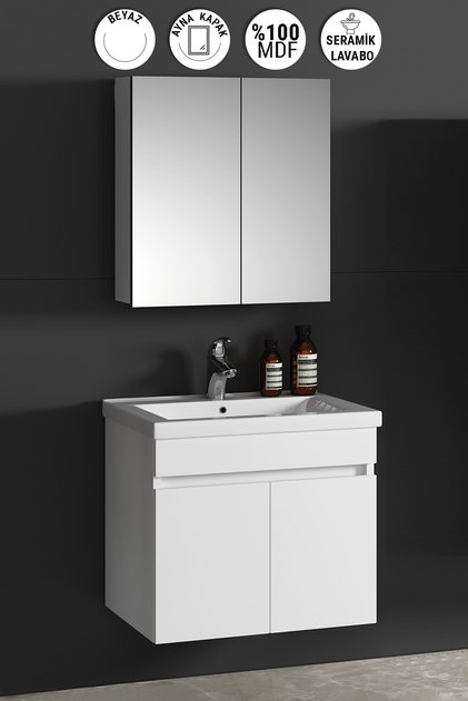 Çiğdem 55 cm Beyaz MDF Seramik Lavabolu Asma Banyo Dolabı Takımı