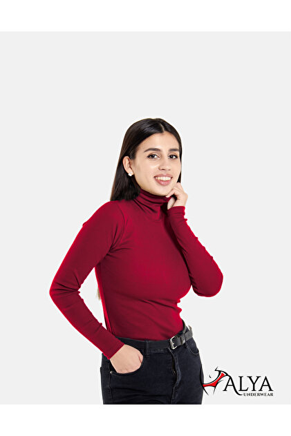 Kaşkorse Tam Boğazlı Body Sweatshirt, Fitilli Kumaş, Likralı, Bordo