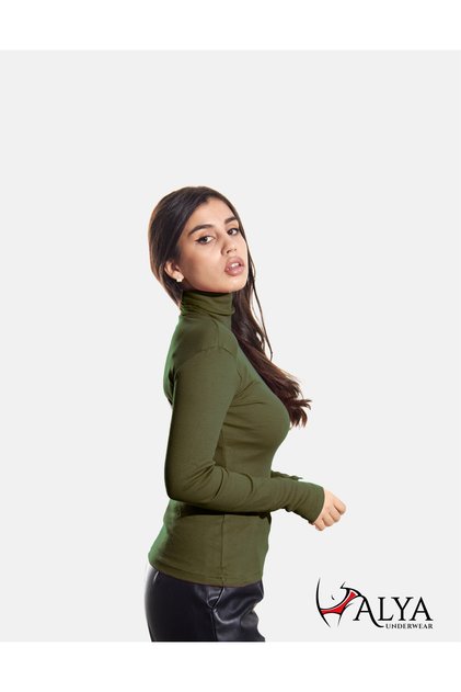 Kaşkorse Tam Boğazlı Body Sweatshirt, Pamuklu Fitilli Kumaş Bluz Likralı, Asker Yeşili Badi