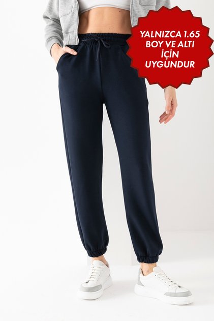 Women's Navy Blue Modal Fabric High Waist Double Pocket Soft Textured Rubber Leg Detailed Sweatpants