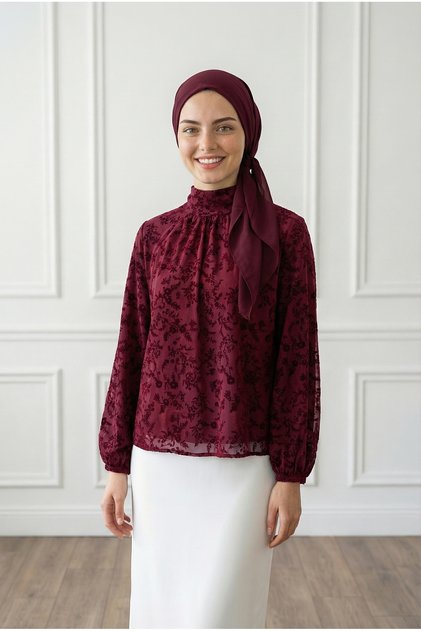 Güllü Önü Pileli Çıtır Desen Bluz-EK783-817 Kırmızı