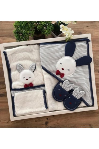 Baby Boy Navy Blue Rabbit Towel Bathrobe Set 0-2 Years St1020